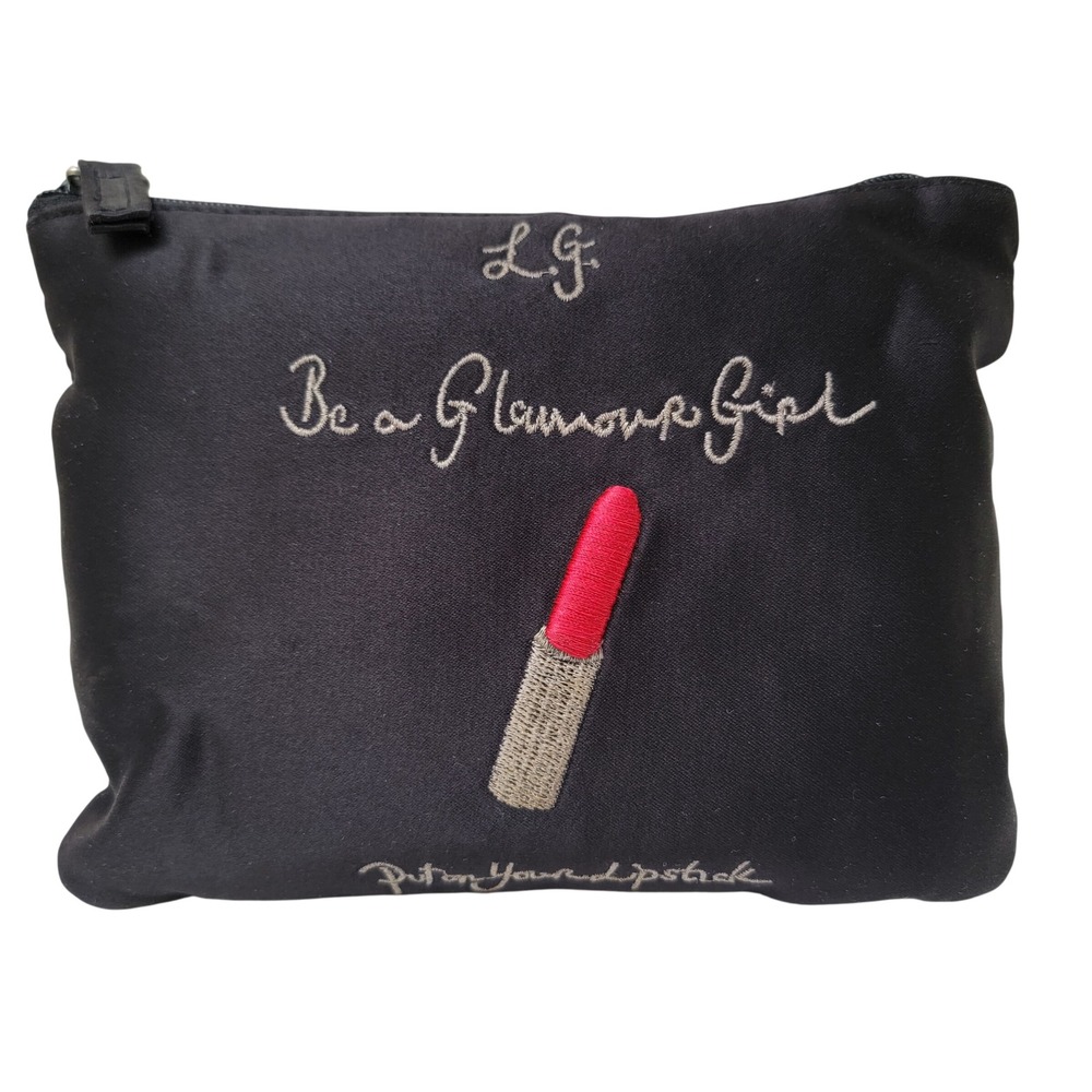 Lulu Guinness Black Satin Cosmetic Bag Embroidered Lipstick Glamour Girl Vintage